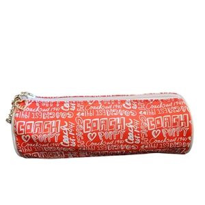 Coach Poppy Logo Y2K Orange /White  Zip-Up  Barrel Charms Cosmetic/ Pencil Case